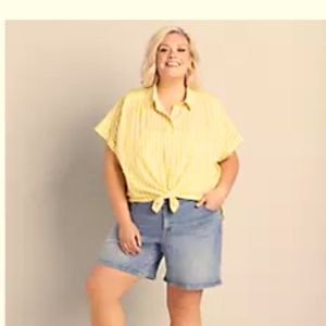 Button Down Yellow Stripe Blouse. Tie Hem. Size 16.